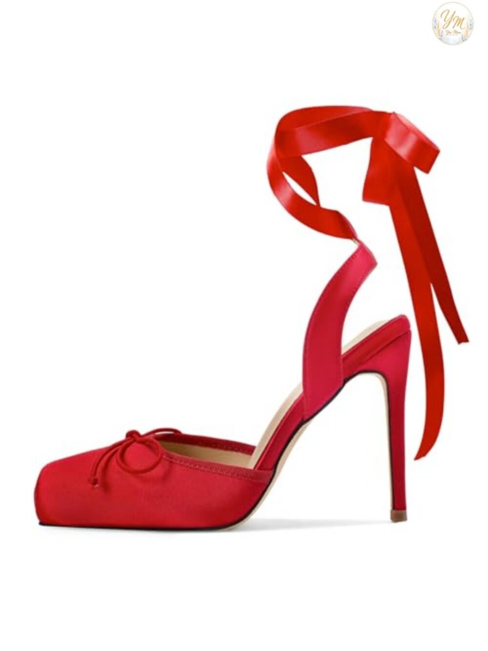 Satin Ballet Heels Lace Up Square Toe Stiletto High Bow Ballerina Heels